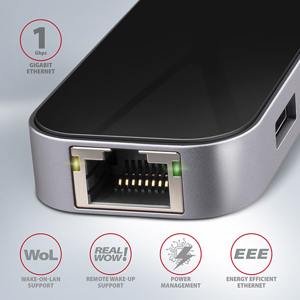HMC-6GL-02_ethernet-600 AXAGON HMC-6GL, USB 3.2 Gen 1 hub, 3x USB-A, HDMI 4k/30Hz, RJ-45 GLAN, PD 100W, kabel USB-C 20cm