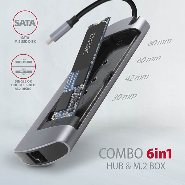 HMC-6M2-02_SATAM2-600 AXAGON HMC-6M2, USB 3.2 Gen 1 hub, 2x USB-A, HDMI, RJ-45 GLAN, SATA M.2, PD 100W, kabel USB-C 18cm