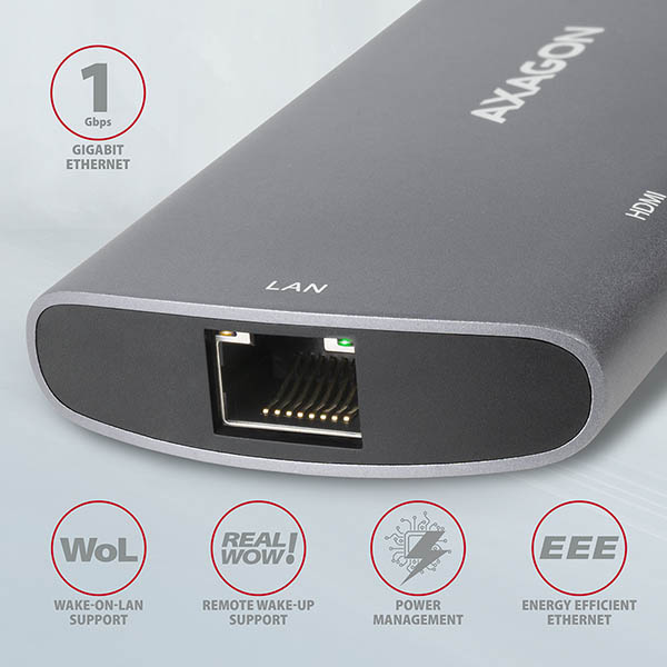 HMC-6M2-03_ethernet-600 AXAGON HMC-6M2, USB 3.2 Gen 1 hub, 2x USB-A, HDMI, RJ-45 GLAN, SATA M.2, PD 100W, kabel USB-C 18cm