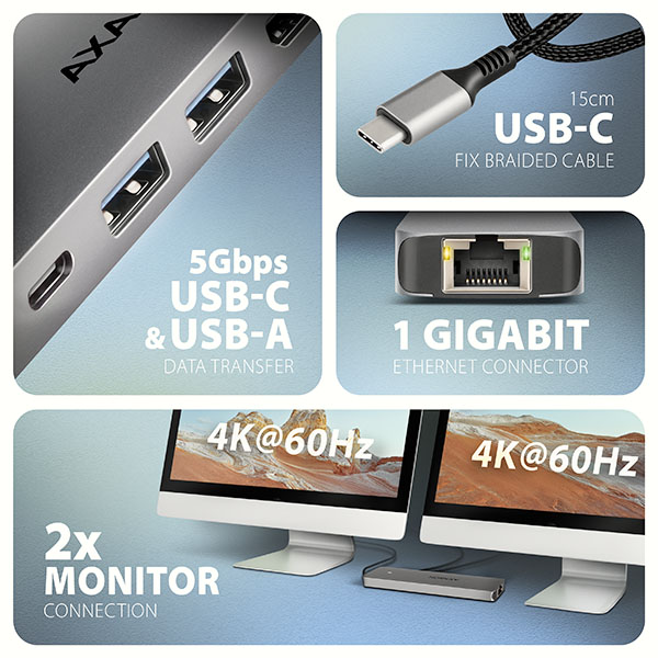 AXAGON HMC-7HX2, USB 5Gbps hub, 2x USB-A, USB-C, 2x HDMI 4k/60Hz, RJ-45 GLAN, PD 100W, kabel 15cm