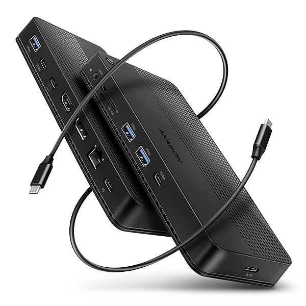 HMC-U4-00_hlavni-600_s-1 AXAGON HMC-U4, USB4 40Gbps dock, 3x USB-A, 2x USB-C, HDMI & DP 8K/30Hz, RJ-45, SD/mSD, audio, PD100W