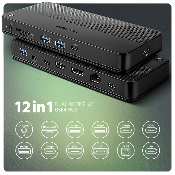 HMC-U4-01_front-600 AXAGON HMC-U4, USB4 40Gbps dock, 3x USB-A, 2x USB-C, HDMI & DP 8K/30Hz, RJ-45, SD/mSD, audio, PD100W