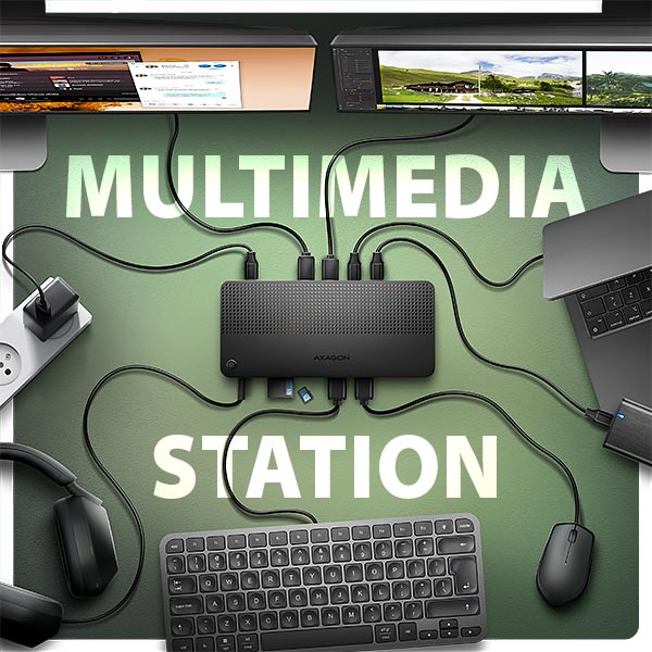 HMC-U4-02_stanice-600 AXAGON HMC-U4, USB4 40Gbps dock, 3x USB-A, 2x USB-C, HDMI & DP 8K/30Hz, RJ-45, SD/mSD, audio, PD100W