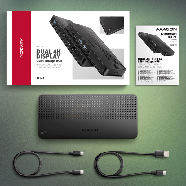 HMC-U4-A_all-600 AXAGON HMC-U4, USB4 40Gbps dock, 3x USB-A, 2x USB-C, HDMI & DP 8K/30Hz, RJ-45, SD/mSD, audio, PD100W