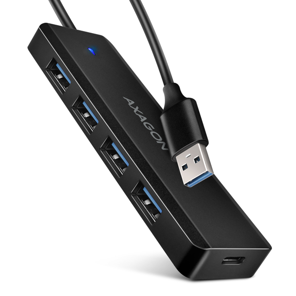 HUE-C1A-00_600_s AXAGON HUE-C1A, 4x USB 5Gbps TRAVEL hub, USB-C napájecí konektor, kabel USB-A 19cm