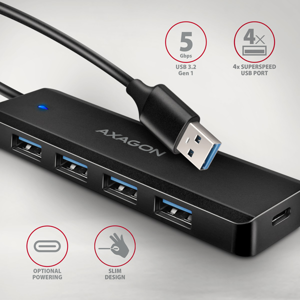 HUE-C1A-01_front-600 AXAGON HUE-C1A, 4x USB 5Gbps TRAVEL hub, USB-C napájecí konektor, kabel USB-A 19cm
