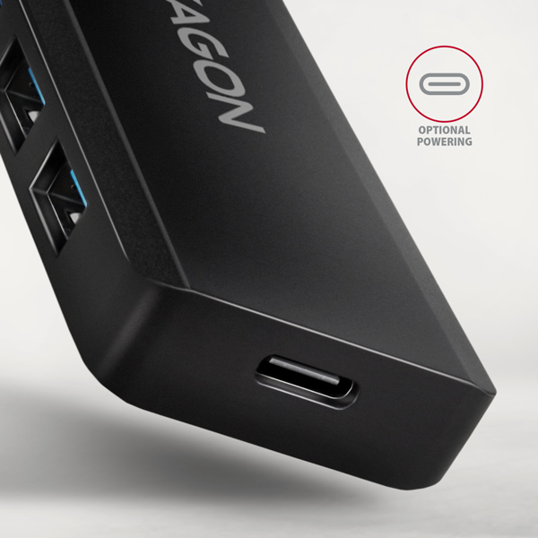 HUE-C1A-03_port-600 AXAGON HUE-C1A, 4x USB 5Gbps TRAVEL hub, USB-C napájecí konektor, kabel USB-A 19cm