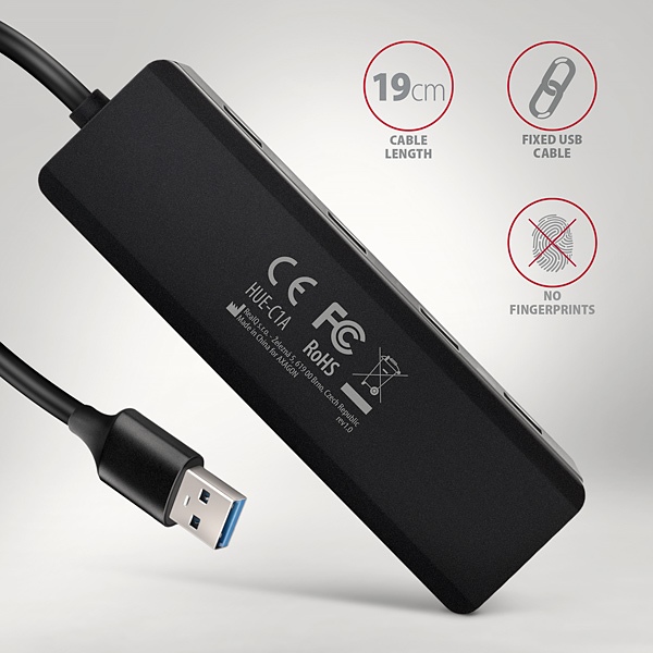 HUE-C1A-04_zadek-600 AXAGON HUE-C1A, 4x USB 5Gbps TRAVEL hub, USB-C napájecí konektor, kabel USB-A 19cm