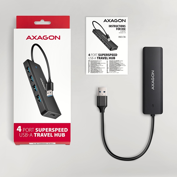 HUE-C1A-A_All-600 AXAGON HUE-C1A, 4x USB 5Gbps TRAVEL hub, USB-C napájecí konektor, kabel USB-A 19cm
