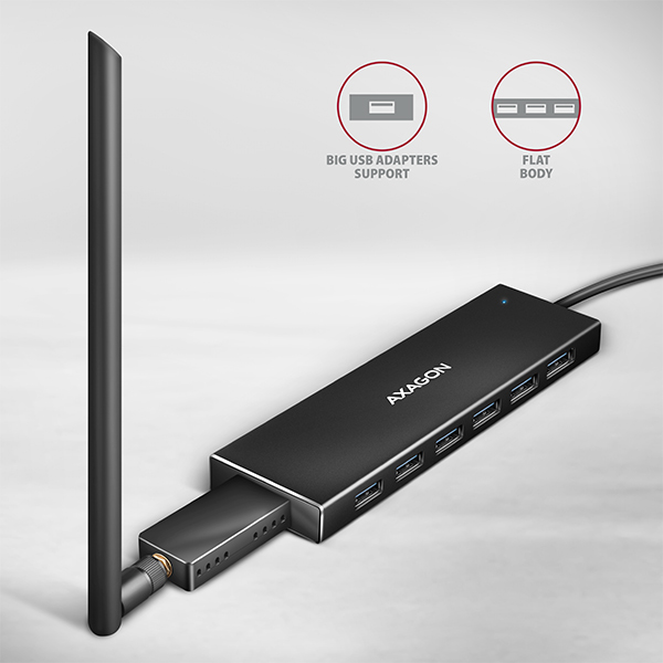 HUE-F7A-03_wifi-600 AXAGON HUE-F7A, 7x USB 3.2 Gen 1 ALU FLAT CHARGING hub, micro USB napájecí konektor, kabel USB-A 1m