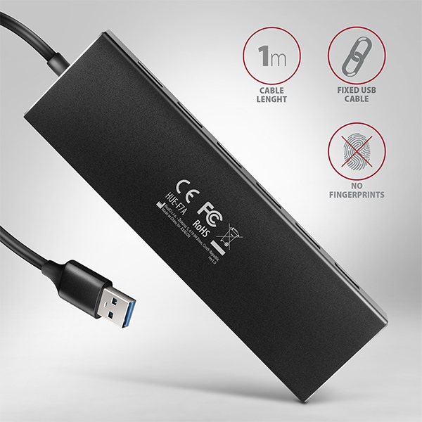 HUE-F7A-05_zadek-600 AXAGON HUE-F7A, 7x USB 3.2 Gen 1 ALU FLAT CHARGING hub, micro USB napájecí konektor, kabel USB-A 1m