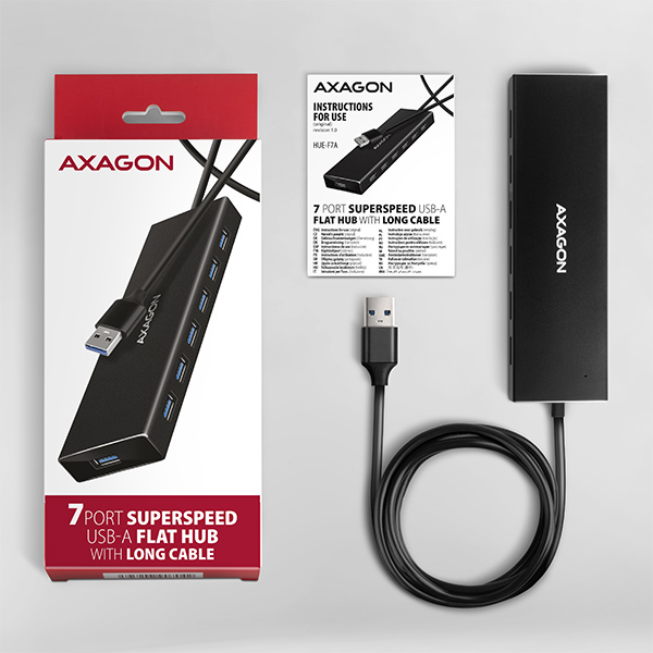 HUE-F7A-A_All-600 AXAGON HUE-F7A, 7x USB 3.2 Gen 1 ALU FLAT CHARGING hub, micro USB napájecí konektor, kabel USB-A 1m
