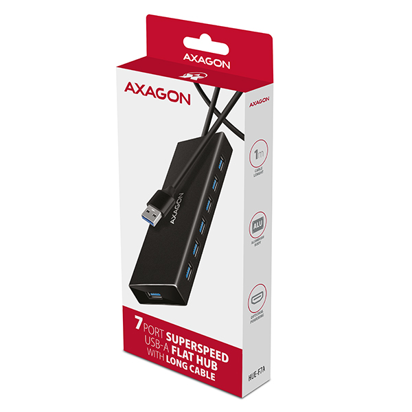 HUE-F7A-b_box-600 AXAGON HUE-F7A, 7x USB 3.2 Gen 1 ALU FLAT CHARGING hub, micro USB napájecí konektor, kabel USB-A 1m
