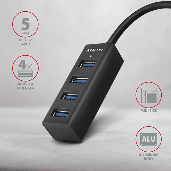HUE-M1AL-01_front-600 AXAGON HUE-M1AL, 4x USB 3.2 Gen 1 MINI hub, kovový, kabel USB-A 1.2m