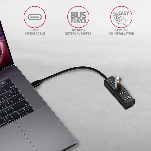HUE-M1C-02_pc-600 AXAGON HUE-M1C, 4x USB 3.2 Gen 1 MINI hub, kovový, kabel USB-C 20cm