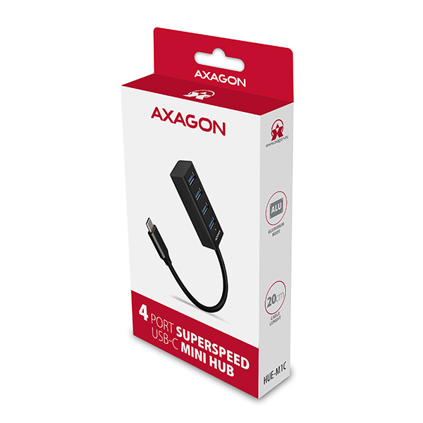 HUE-M1C-05_box-600 AXAGON HUE-M1C, 4x USB 3.2 Gen 1 MINI hub, kovový, kabel USB-C 20cm