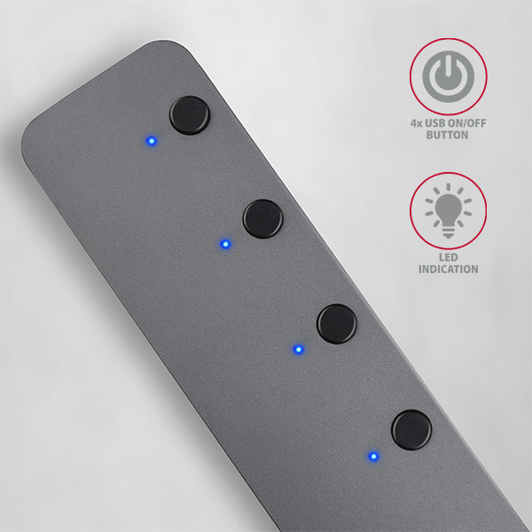 HUE-MSA-02_buttons-600a AXAGON HUE-MSA, 4x USB 3.2 Gen 1 SWITCH hub, kovový, micro USB nap. konektor, kabel USB-A 20cm