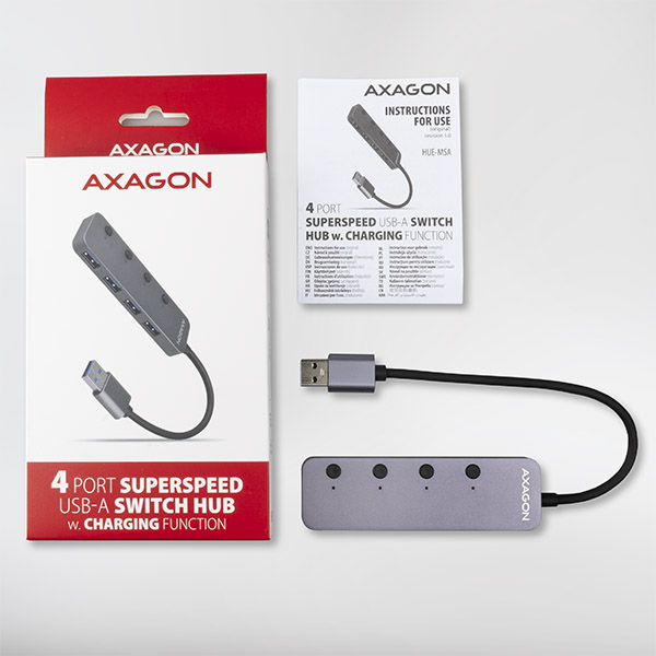 HUE-MSA-05_all-600a AXAGON HUE-MSA, 4x USB 3.2 Gen 1 SWITCH hub, kovový, micro USB nap. konektor, kabel USB-A 20cm