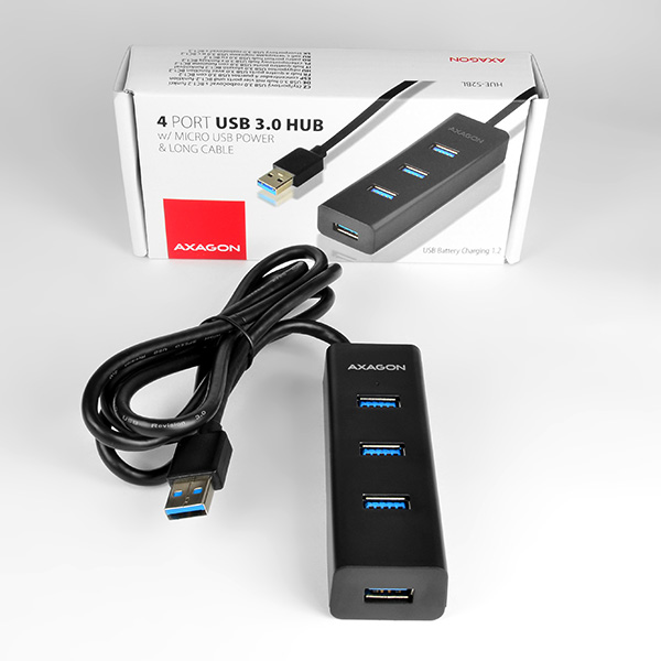 HUE-S2BL_all-600 AXAGON HUE-S2BL, 4x USB 3.0 CHARGING hub, micro USB nap. konektor, kabel USB-A 1.2m