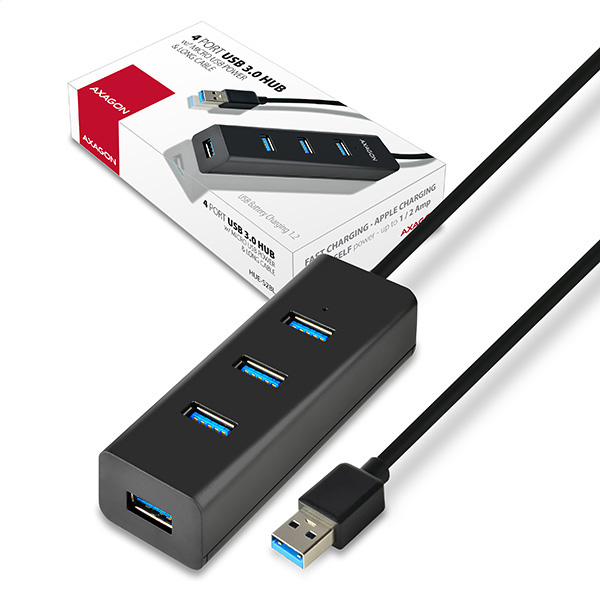 HUE-S2BL_at-600_s AXAGON HUE-S2BL, 4x USB 3.0 CHARGING hub, micro USB nap. konektor, kabel USB-A 1.2m