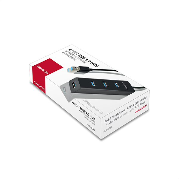 HUE-S2BL_box-600 AXAGON HUE-S2BL, 4x USB 3.0 CHARGING hub, micro USB nap. konektor, kabel USB-A 1.2m