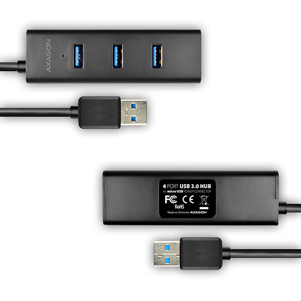 HUE-S2BL_techFRONT-600 AXAGON HUE-S2BL, 4x USB 3.0 CHARGING hub, micro USB nap. konektor, kabel USB-A 1.2m