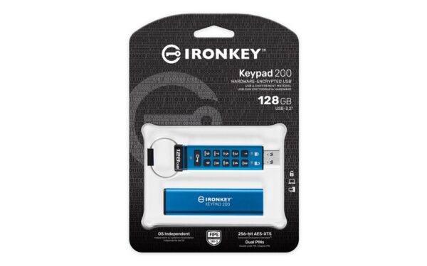 Kingston IronKey Keypad 200/128GB/USB 3.2/USB-A/Modrá