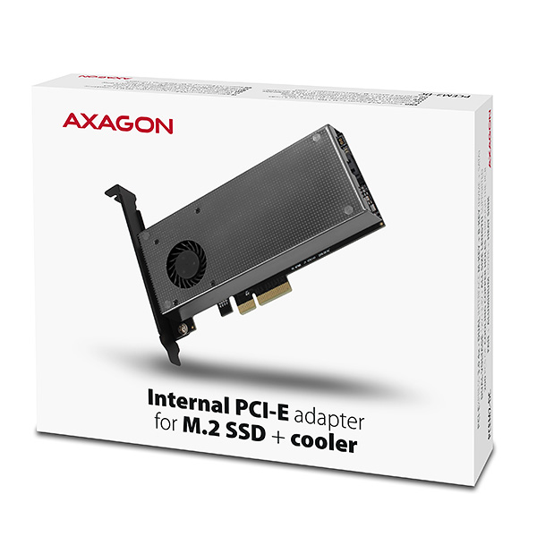 PCEM2-DC-11_box-600a AXAGON PCEM2-DC, PCIe x4 - M.2 NVMe M-key + SATA B-key slot adaptér, chladič, vč. LP