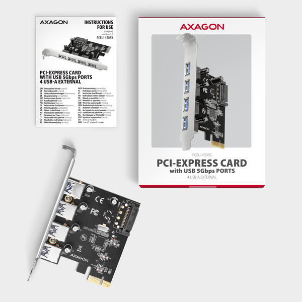 PCEU-430RS-A_All-600 AXAGON PCEU-430RS, PCIe řadič, 4x USB 5Gbps port, SATA napájení, Renesas PD720201, SP