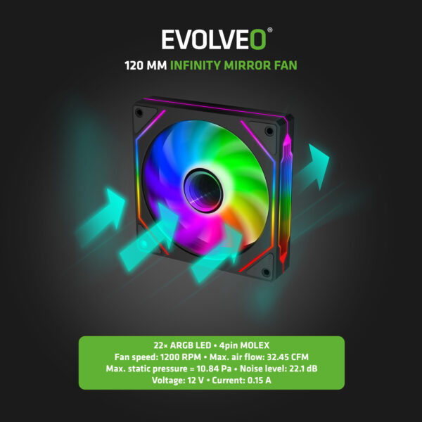EVOLVEO 120UX-S, ventilátor, 120mm, 4pin molex, ARGB, slave, černý