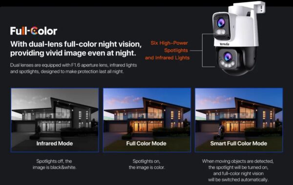 RH9-WCA_mode Tenda RH9-WCA - Venkovní otočná Dual Lens IP65 Wi-Fi 6 MPx kamera, noční LED, audio, detekce, CZ app