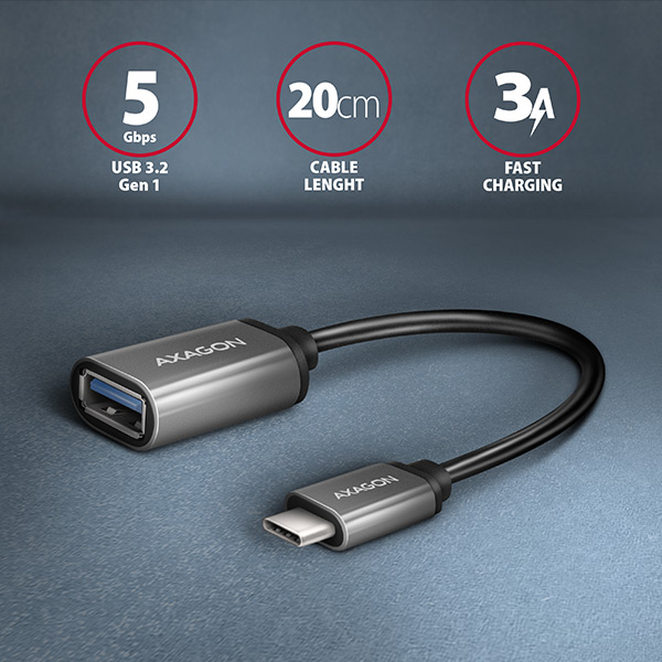 AXAGON RUCM-AFAC, kabelová redukce USB-C (M) <-> USB-A (F), 20cm, USB 3.2 Gen 1, 3A, ALU