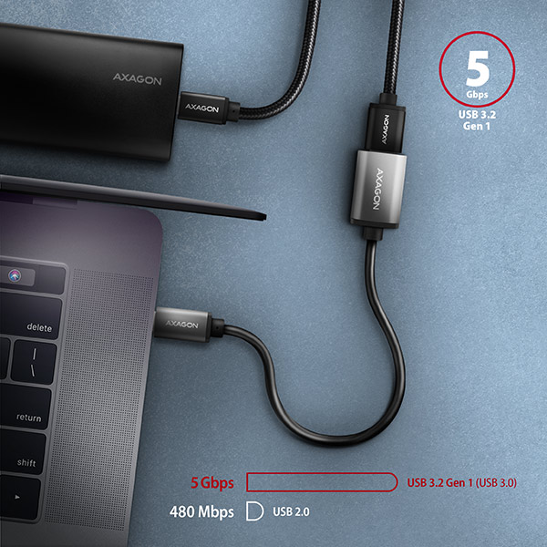 AXAGON RUCM-AFAC, kabelová redukce USB-C (M) <-> USB-A (F), 20cm, USB 3.2 Gen 1, 3A, ALU