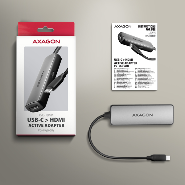 AXAGON RVC-HI8KPD, USB-C -> HDMI 2.1 redukce / adaptér, 8K/60Hz, 4K/144Hz, HDR10+, PD100W