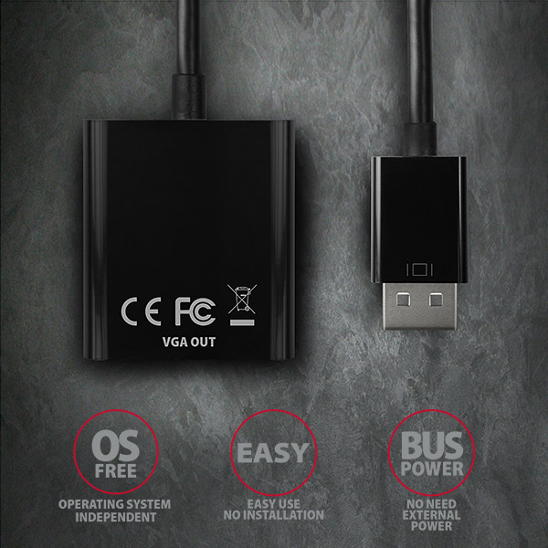 RVD-VGN-05_spodek-prem_600 AXAGON RVD-VGN, DisplayPort -> VGA redukce / adaptér, FullHD, 1920*1200