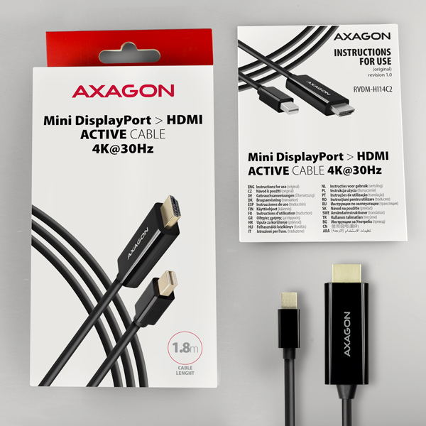 RVDM-HI14C2-05_all-600 AXAGON RVDM-HI14C2, Mini DisplayPort -> HDMI 1.4 redukce / kabel 1.8 m, 4K/30Hz