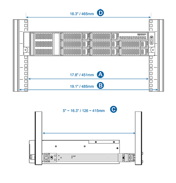 QNAP Rail Kit, support rack-post 126 ~ 415mm for 1U/2U/3U short-depth rackmount QNAP model