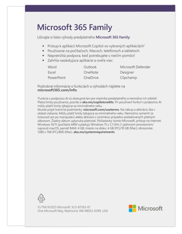 Microsoft 365 Family FY25H2 Mac/Win, 1 Rok, SK