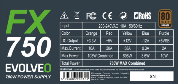 SS EVOLVEO FX 750,zdroj750W ATX,14cm,80+,Bronze,3YRW