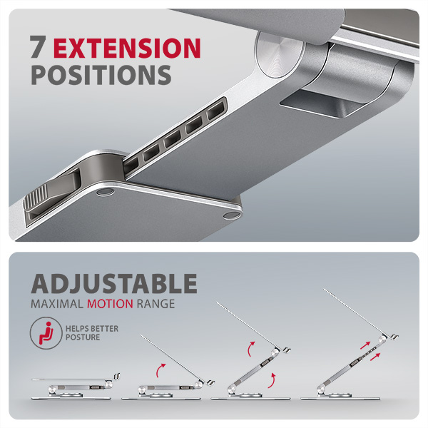 AXAGON STND-LR, hliníkový stojan pro notebooky 10"-17.3" s nast. výškou, úhlem a 360° rotací, šedý