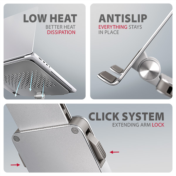 AXAGON STND-LR, hliníkový stojan pro notebooky 10"-17.3" s nast. výškou, úhlem a 360° rotací, šedý