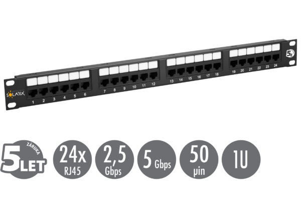 SX24-5E-UTP-BK-ikony_s 19" patch panel Solarix 24 x RJ45 CAT5E UTP 150 MHz černý 1U SX24-5E-UTP-BK
