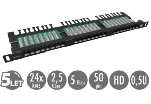 SX24HD-5E-UTP-BK-ikony_s 19" patch panel Solarix 24xRJ45 CAT5E UTP s vyvazovací lištou černý 0,5U SX24HD-5E-UTP-BK