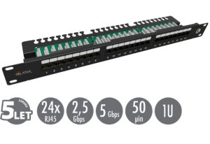 19" patch panel Solarix 24 x RJ45 CAT5E UTP s vyvazovací lištou 1U SX24L-5E-UTP-BK-N