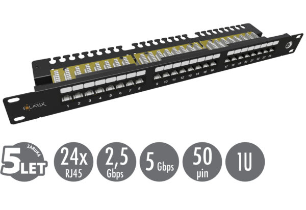 19" patch panel Solarix 24 x RJ45 CAT6 UTP s vyvazovací lištou 1U SX24L-6-UTP-BK-N