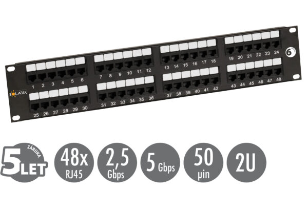 19" patch panel Solarix 48 x RJ45 CAT6 UTP 350 MHz černý 2U SX48-6-UTP-BK