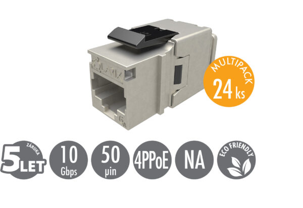 SXKJ-10G-STP-BK-NA-Multi_ikony_s MULTIPACK 24 ks - rychlozařezávací keystone Solarix CAT6A STP SXKJ-10G-STP-BK-NA Comp. Level a 4PPoE
