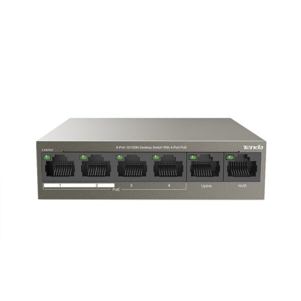 Tenda TEF1106P-4-63W PoE AT switch 4x PoE 802.3af/at, 6x 100Mb/s, PoE celkem 63W, fanless, PoE+