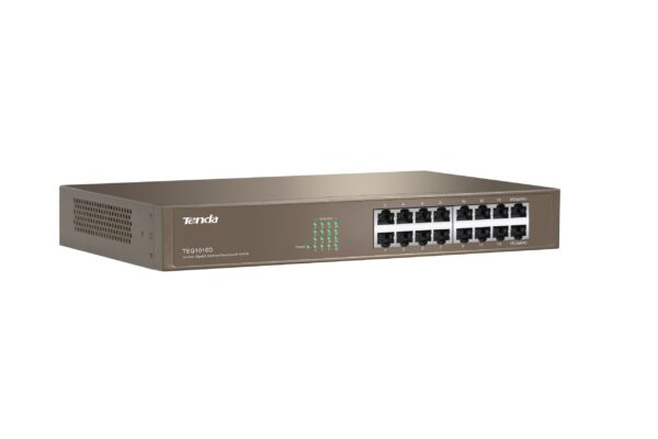 Tenda TEG1016D - 16x Gigabit Switch, Fanless-bez ventilátorů, Rackmount, ochrana proti přepětí