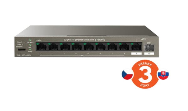 Tenda TEG1110PF-8-102W PoE+ AT switch 8xPoE 802.3af/at + Uplink RJ45 + SFP port, 92W, PoE+, fanless